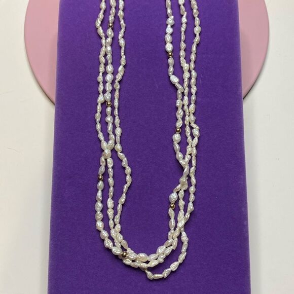 💛 Vintage 14k Yellow Gold Pearl & Gold Bead Triple Strand Necklace - Picture 1 of 4